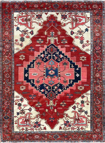 Antique Persian Serapi carpet with geometric medallion and ivory corner spandrels