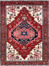 Antique Persian Serapi carpet with geometric medallion and ivory corner spandrels