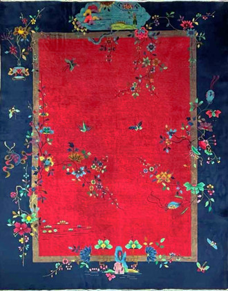 Antique Art Deco Chinese Carpet, Chinese village.