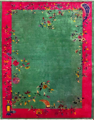 Antique Art Deco Chinese Oriental Carpet, Bird Of Happiness