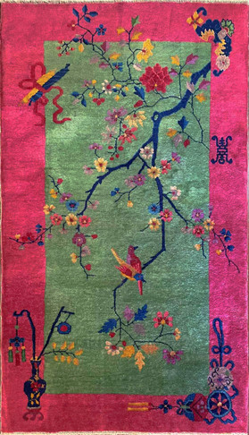 Antique Art Deco Chinese Rug, The Bird Lovers, Signed